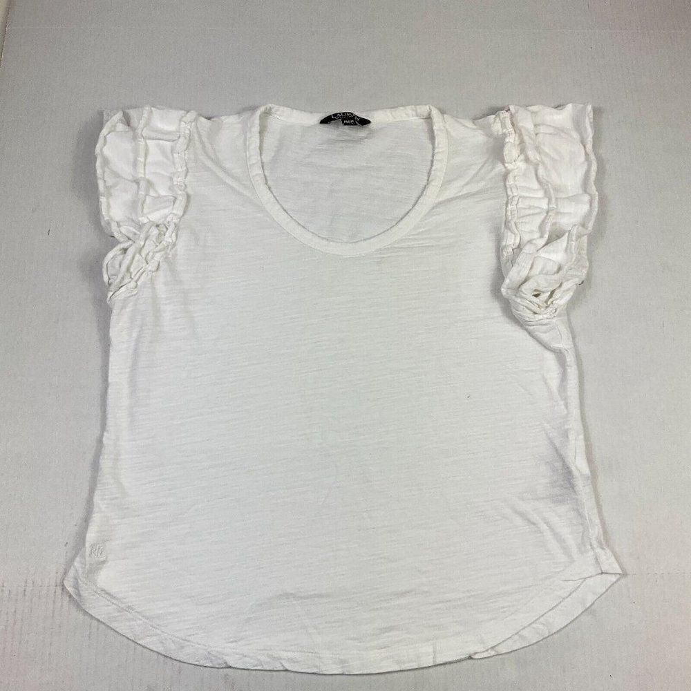 Lauren Ralph Lauren Cotton Top Scoop Neck Ruffled Short Sleeve Shirt PM Petites
